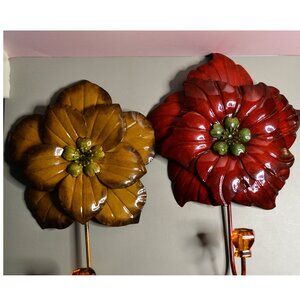 Pier 1 Decorative Metal Flower Wall Hooks Glossy Red & Brown Beaded Accent Set